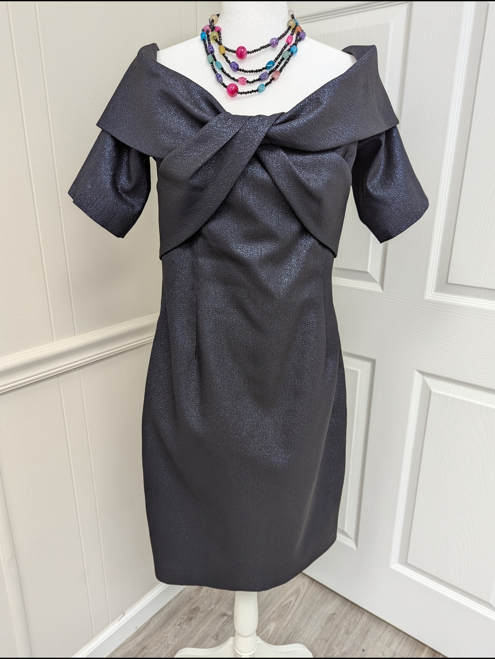 Teri Jon Open shoulders Twist Sheath Dress in Charcoal